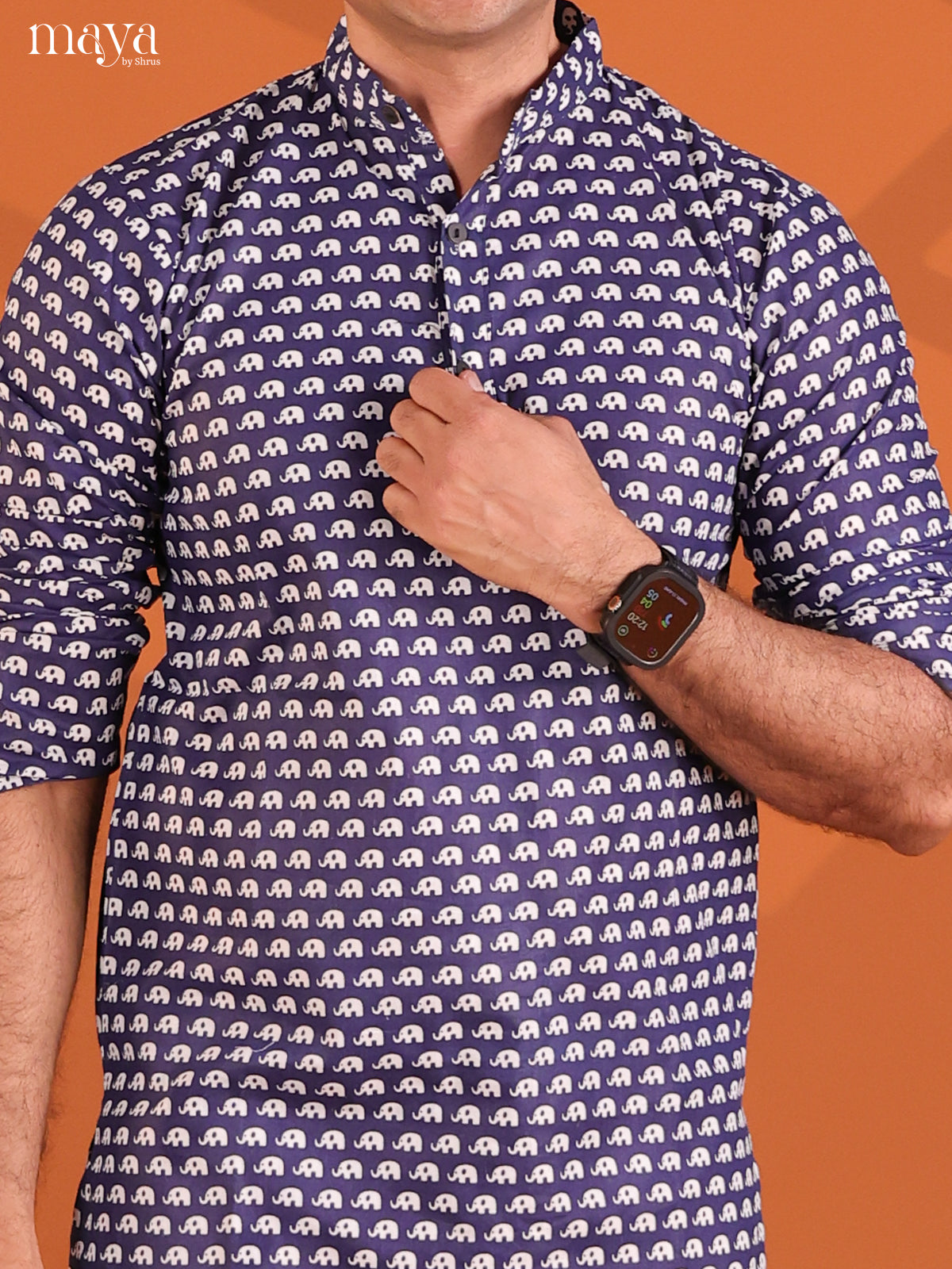 Navy Blue Cotton Elephant Printed Short Men Kurta