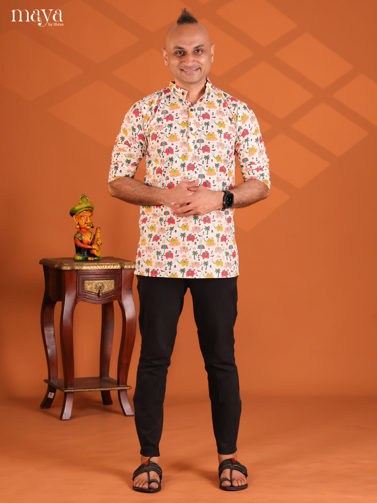 Multicolour Cotton Elephant Printed Short Men Kurta