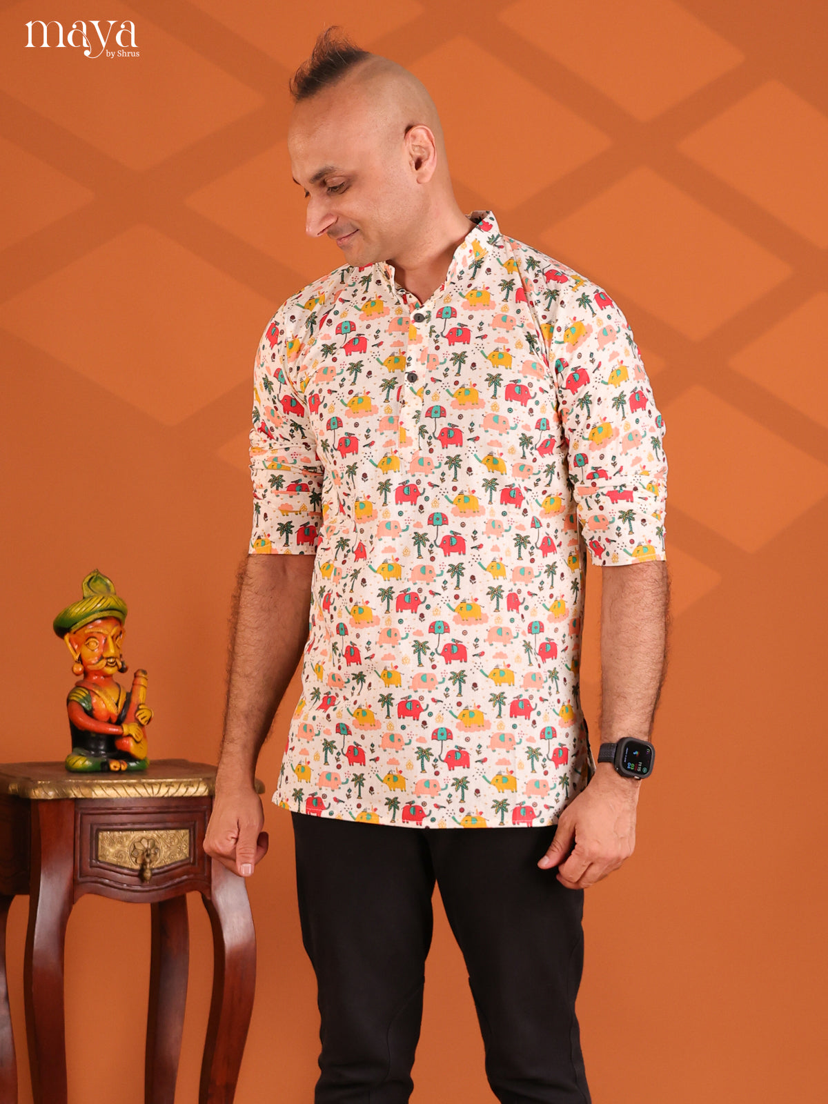Multicolour Cotton Elephant Printed Short Men Kurta