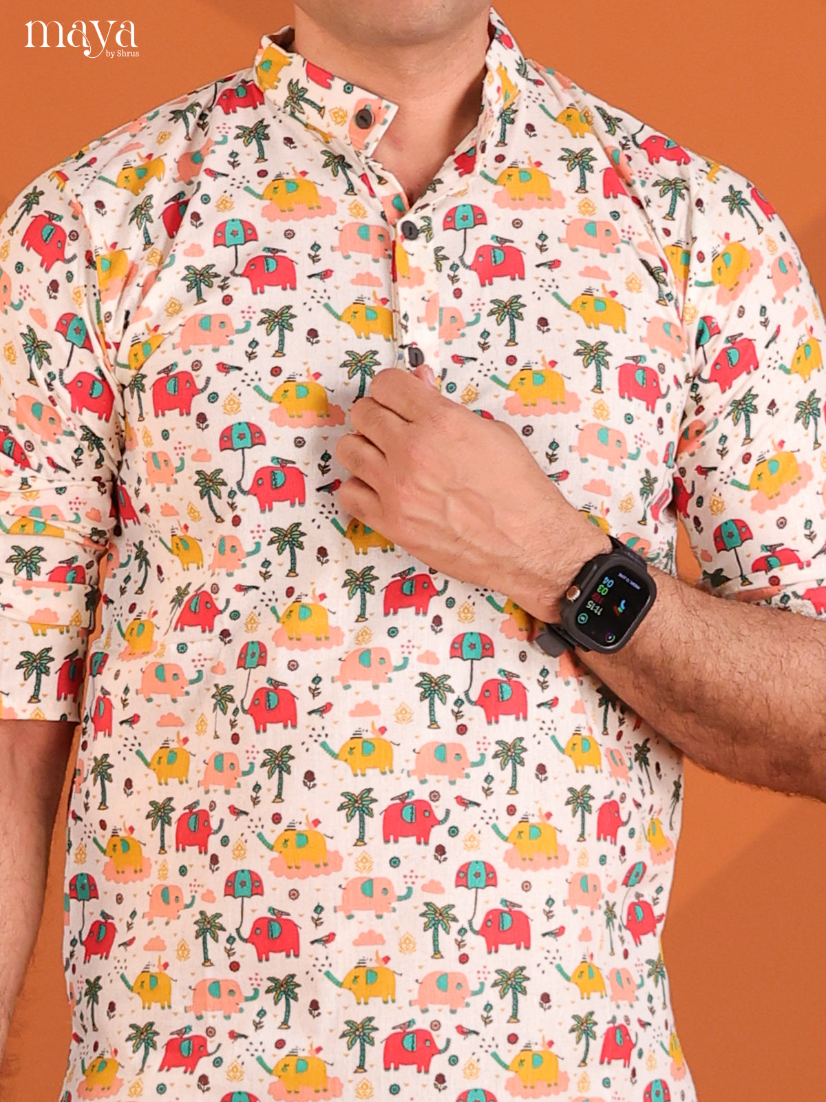 Multicolour Cotton Elephant Printed Short Men Kurta