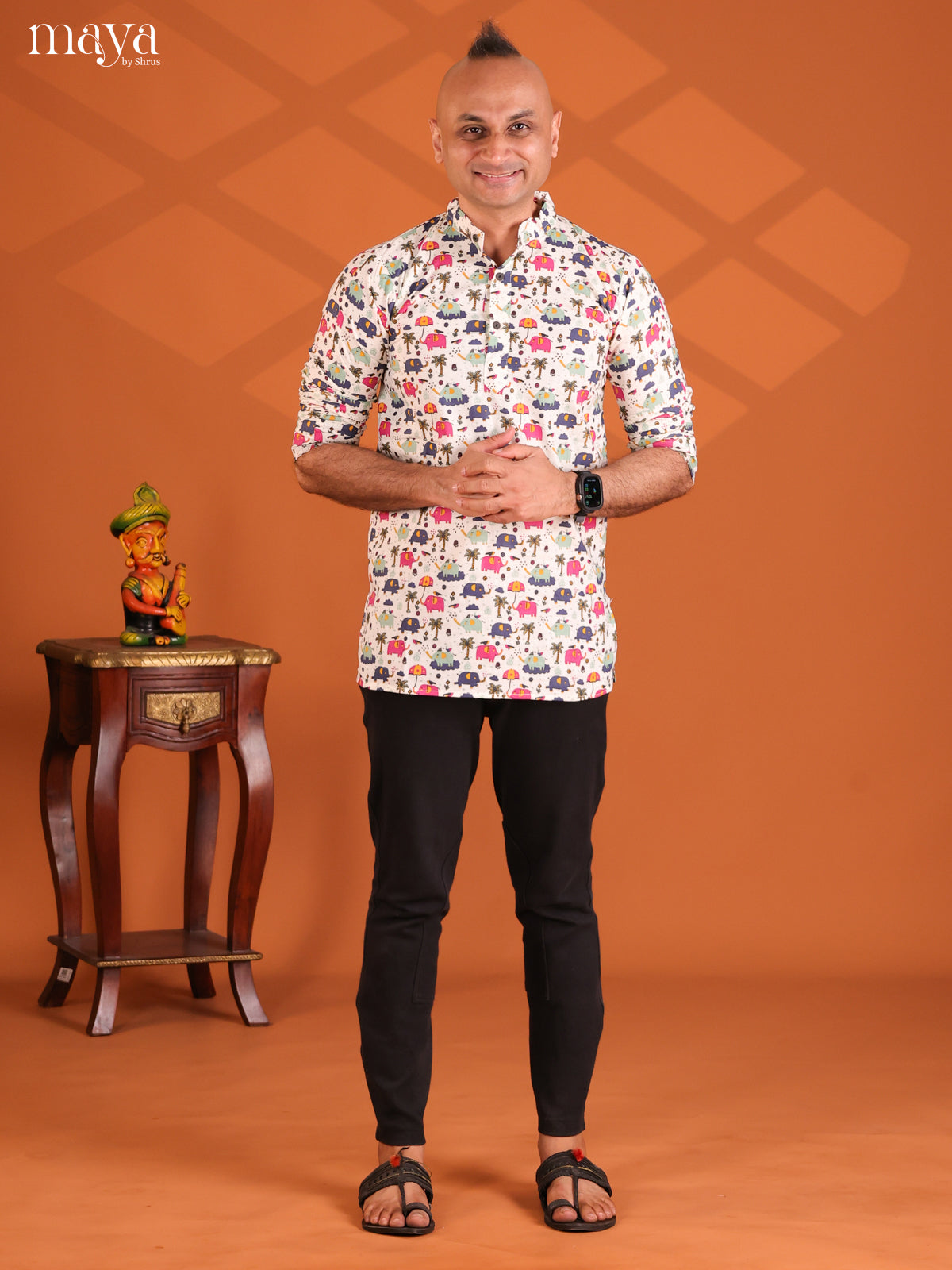 Multicolour Cotton Elephant Printed Short Men Kurta