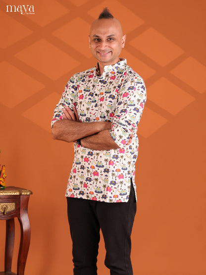 Multicolour Cotton Elephant Printed Short Men Kurta