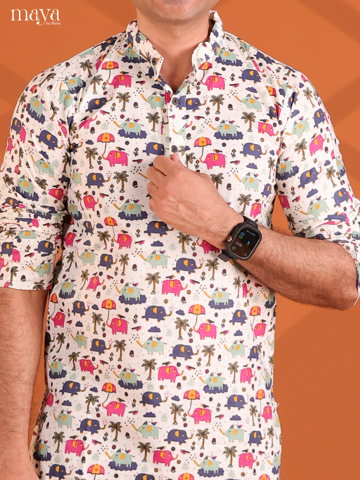 Multicolour Cotton Elephant Printed Short Men Kurta