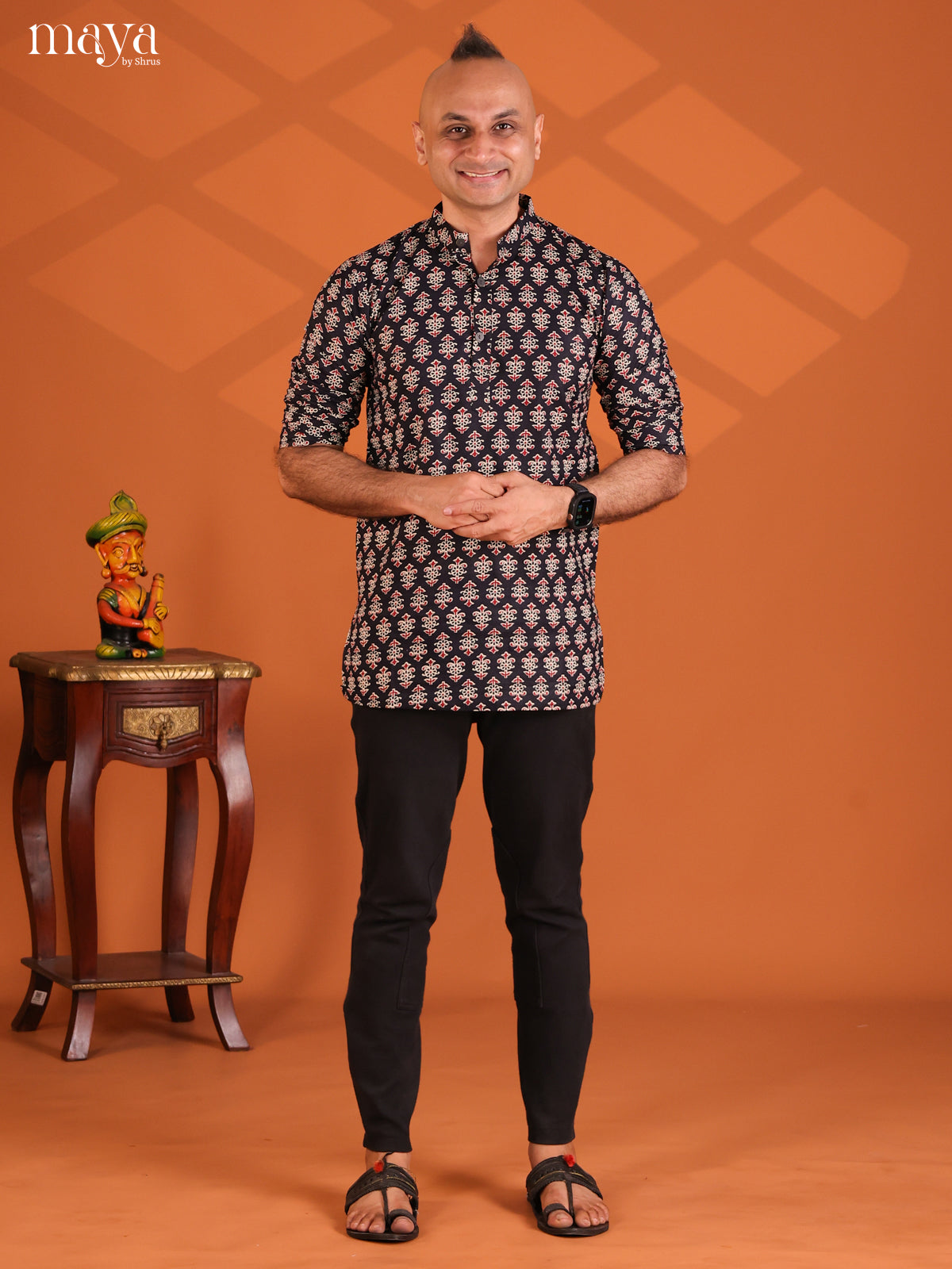 Black Cotton Floral Printed Short Men Kurta