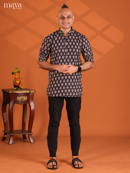 Black Cotton Floral Printed Short Men Kurta