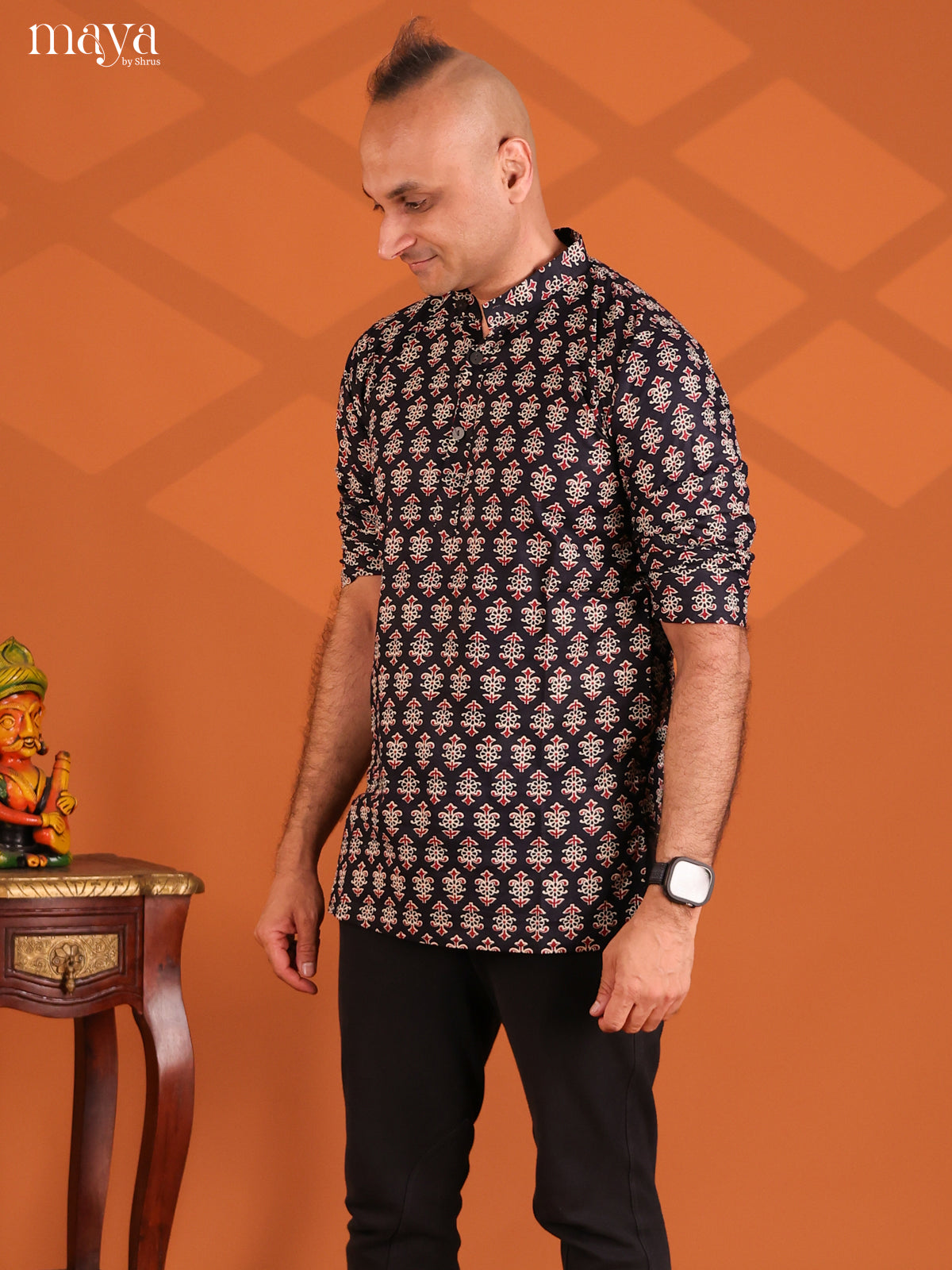 Black Cotton Floral Printed Short Men Kurta
