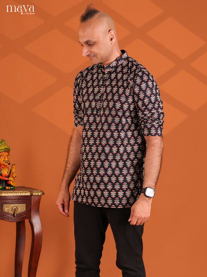 Black Cotton Floral Printed Short Men Kurta