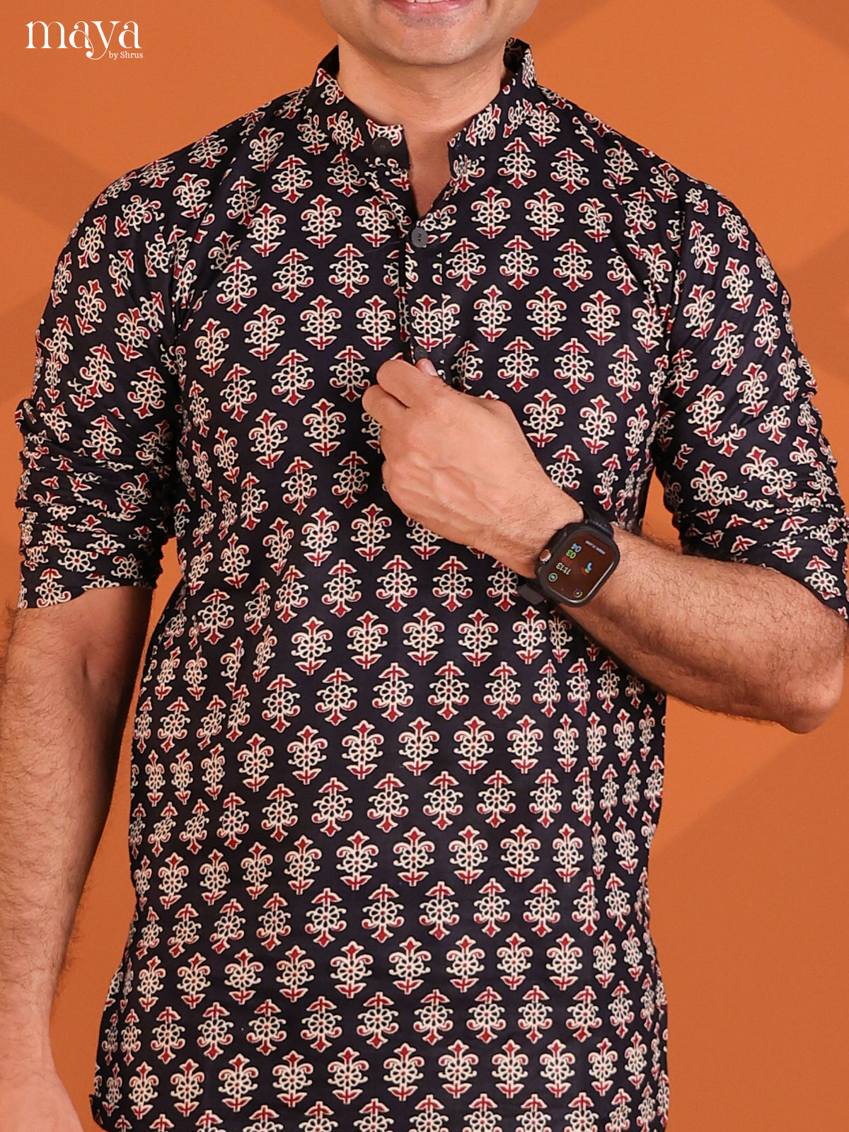 Black Cotton Floral Printed Short Men Kurta