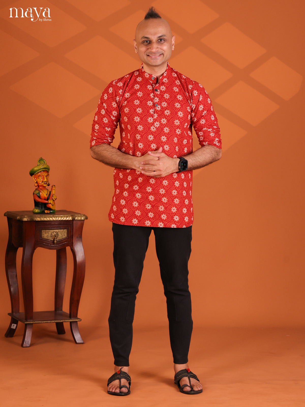 Red Cotton Printed Short Men Kurta