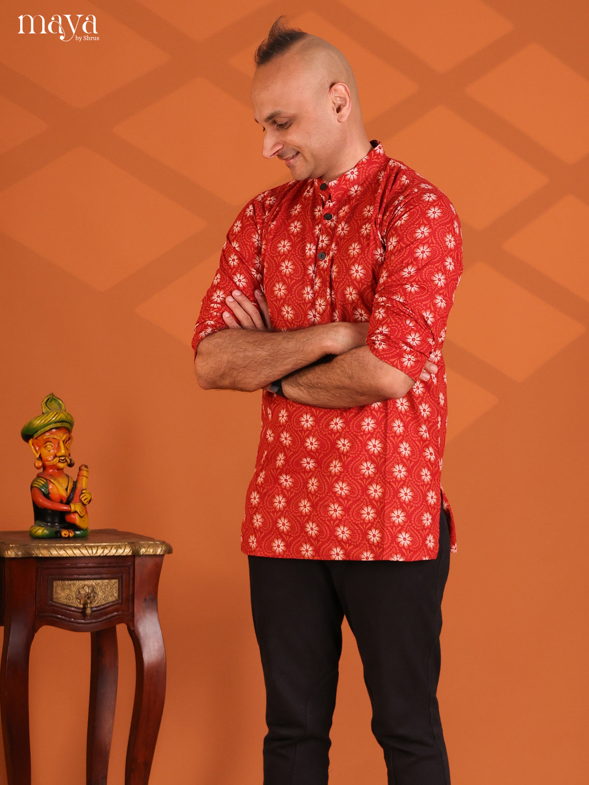 Red Cotton Printed Short Men Kurta