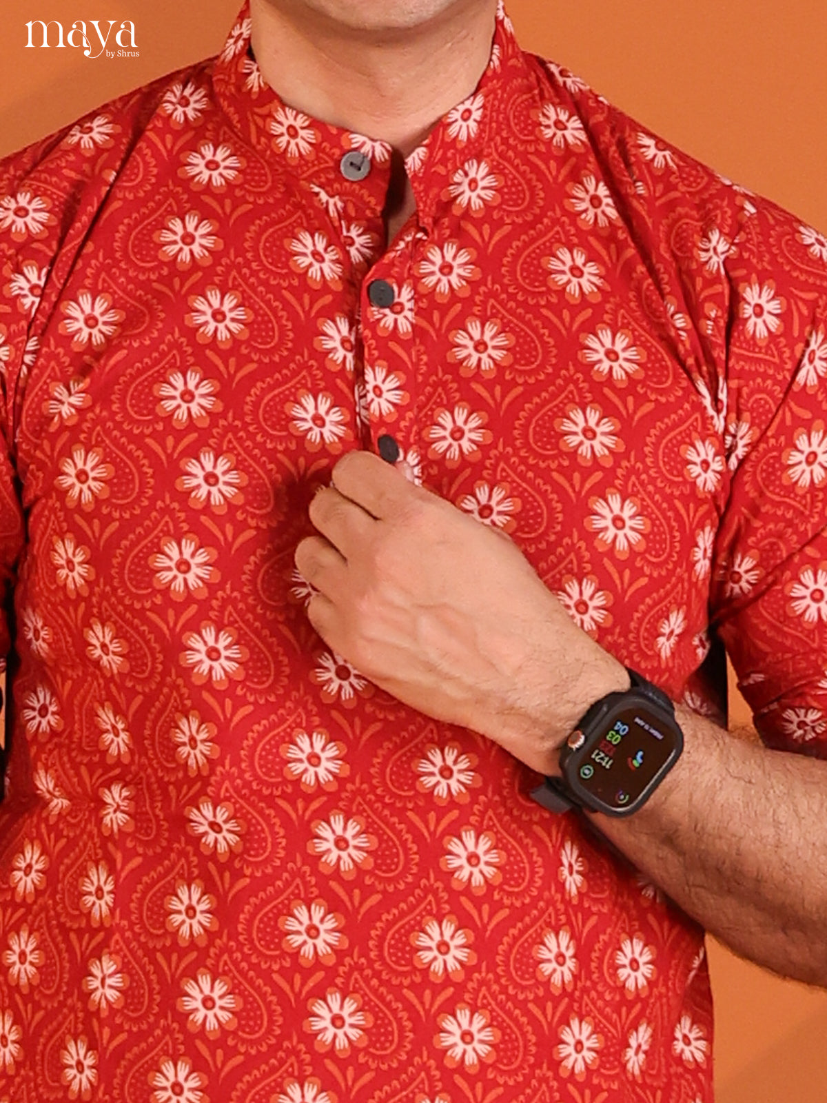 Red Cotton Printed Short Men Kurta