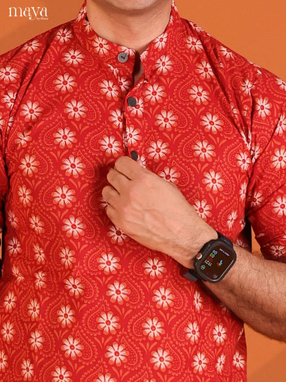 Red Cotton Printed Short Men Kurta