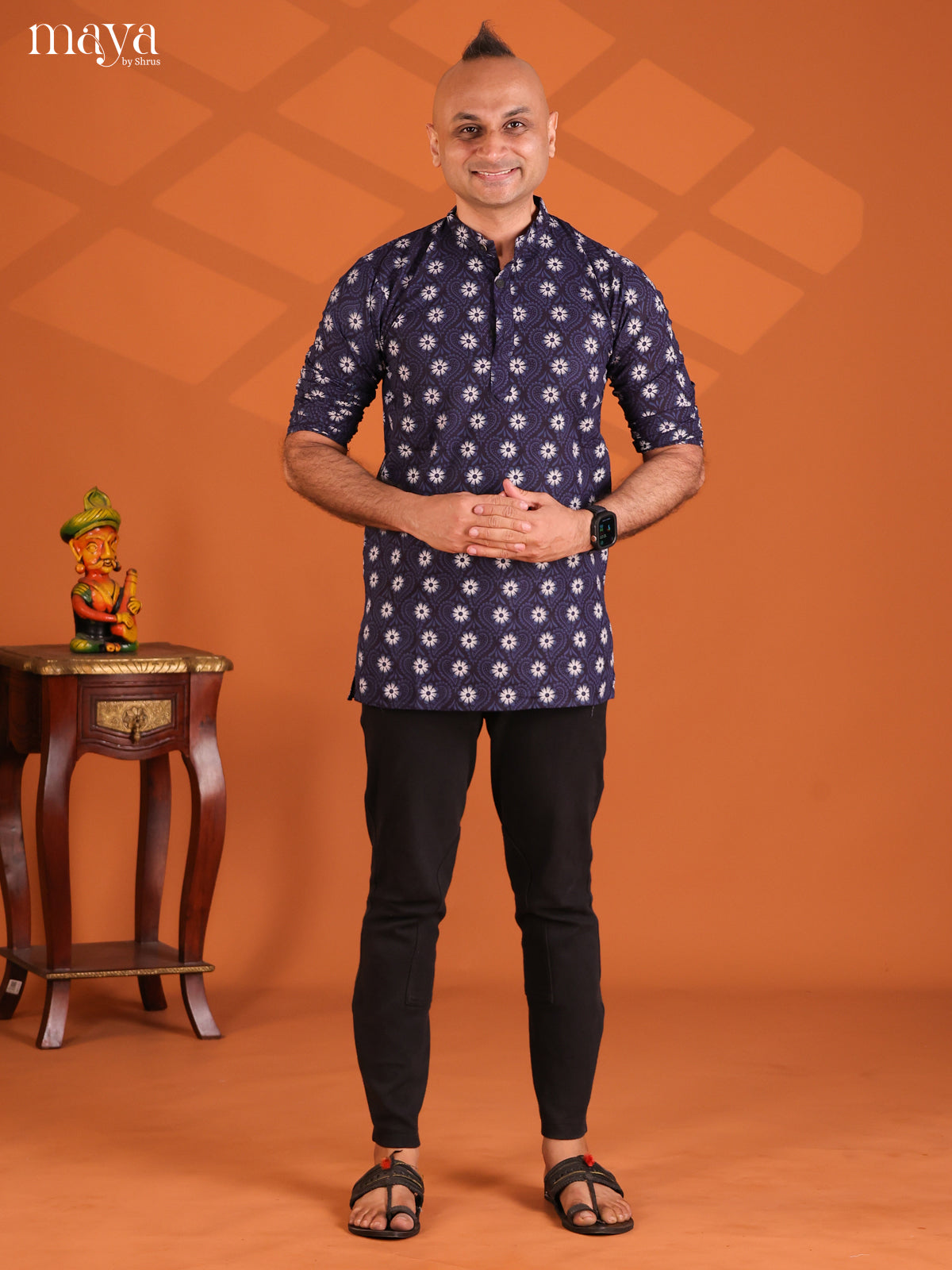 Black with Peacock Cotton Printed Short Men Kurta