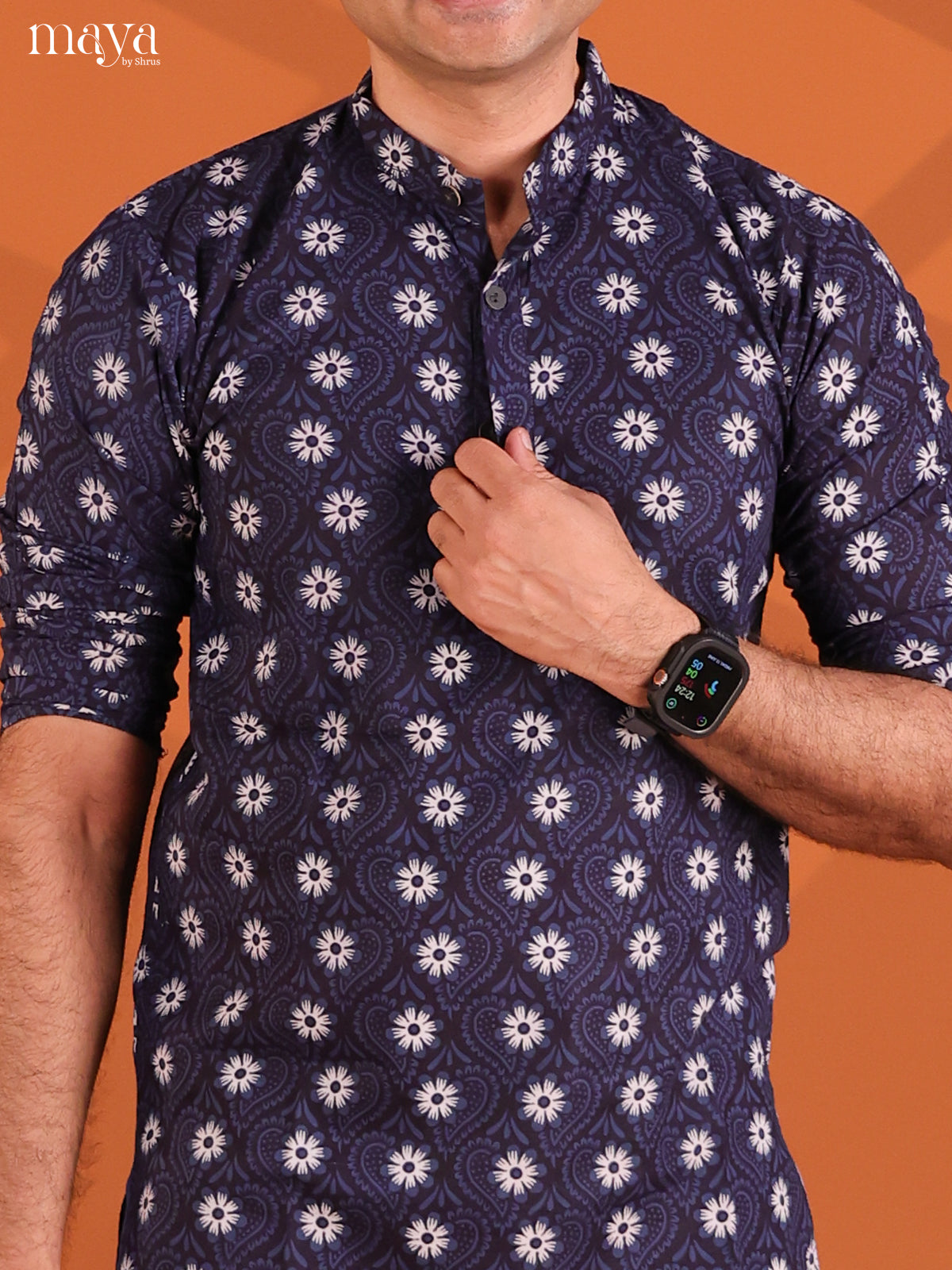 Black with Peacock Cotton Printed Short Men Kurta