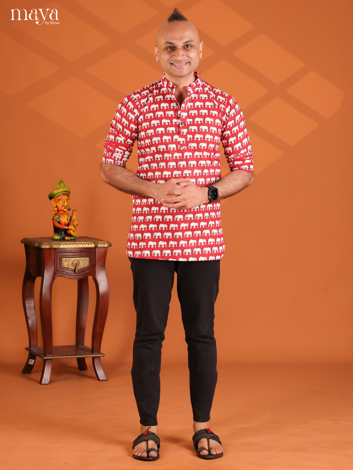 Red Cotton Elephant Printed Short Men Kurta