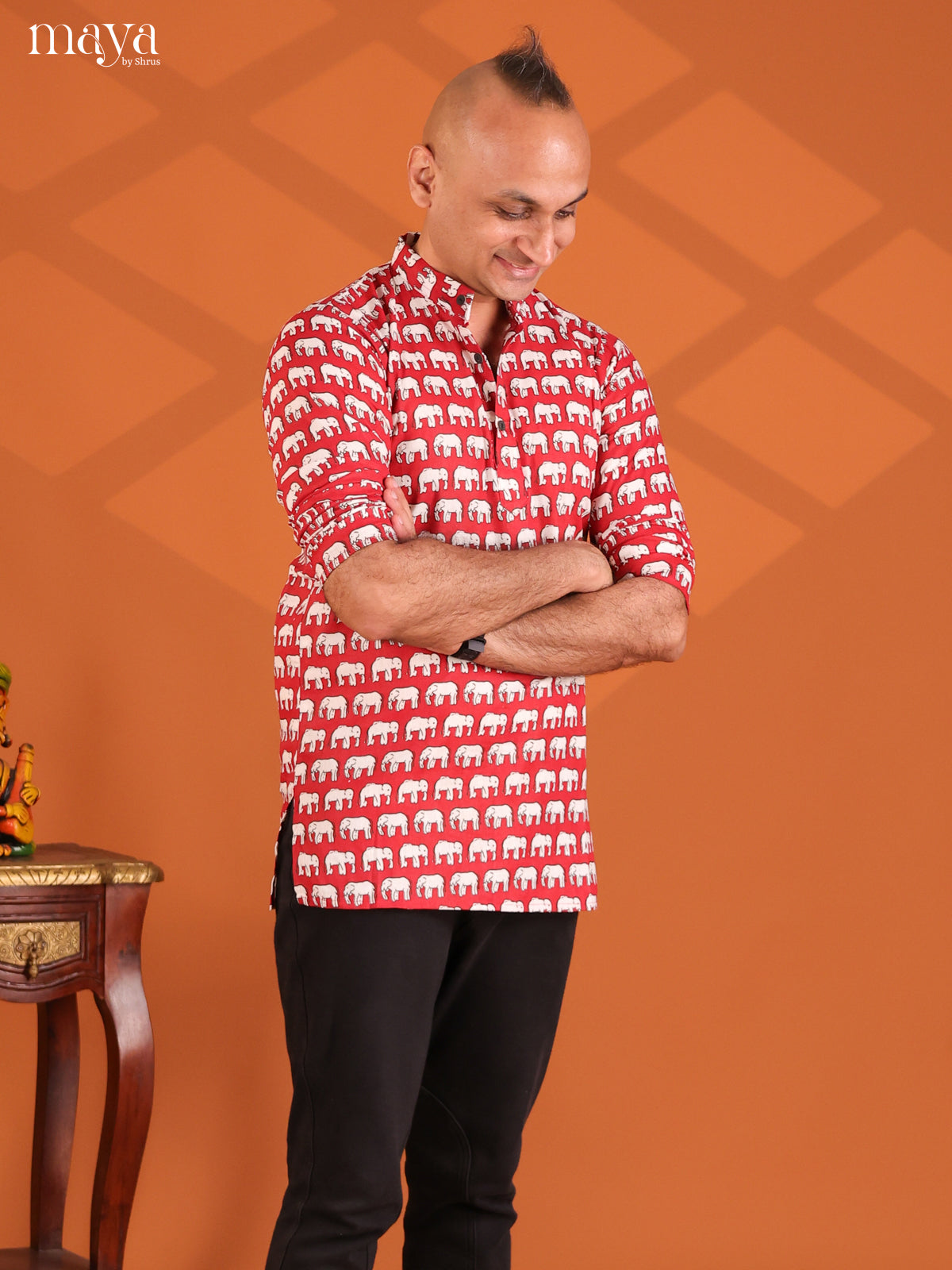 Red Cotton Elephant Printed Short Men Kurta
