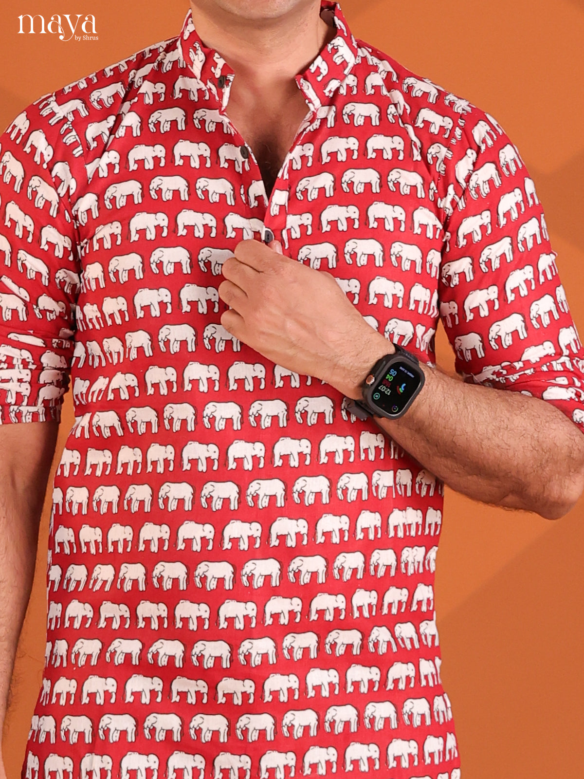 Red Cotton Elephant Printed Short Men Kurta