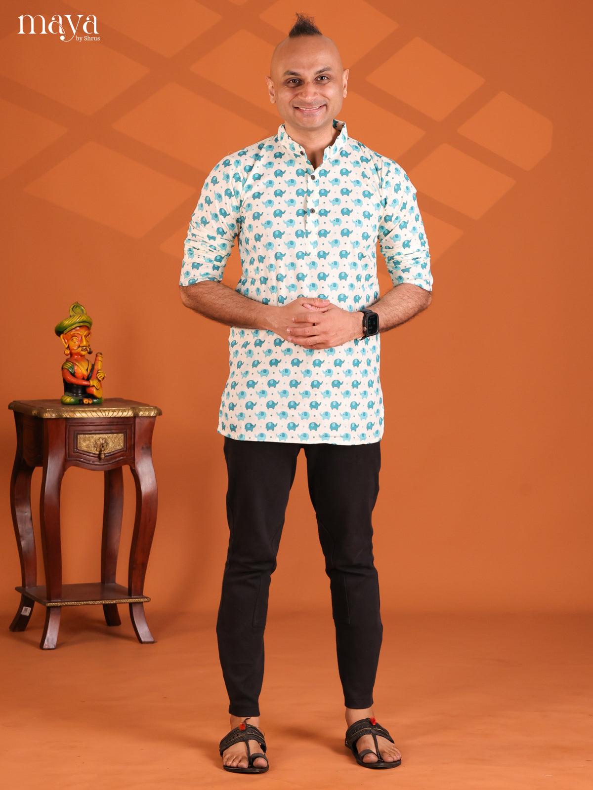 White with Blue Elepahant Printed Short Men Kurta