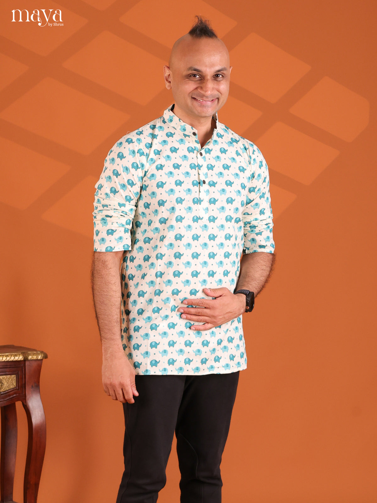 White with Blue Elepahant Printed Short Men Kurta