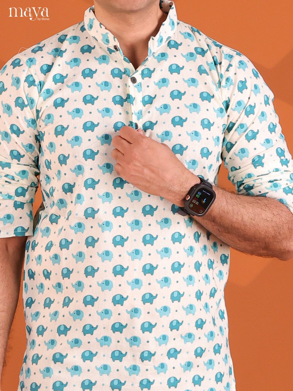 White with Blue Elepahant Printed Short Men Kurta