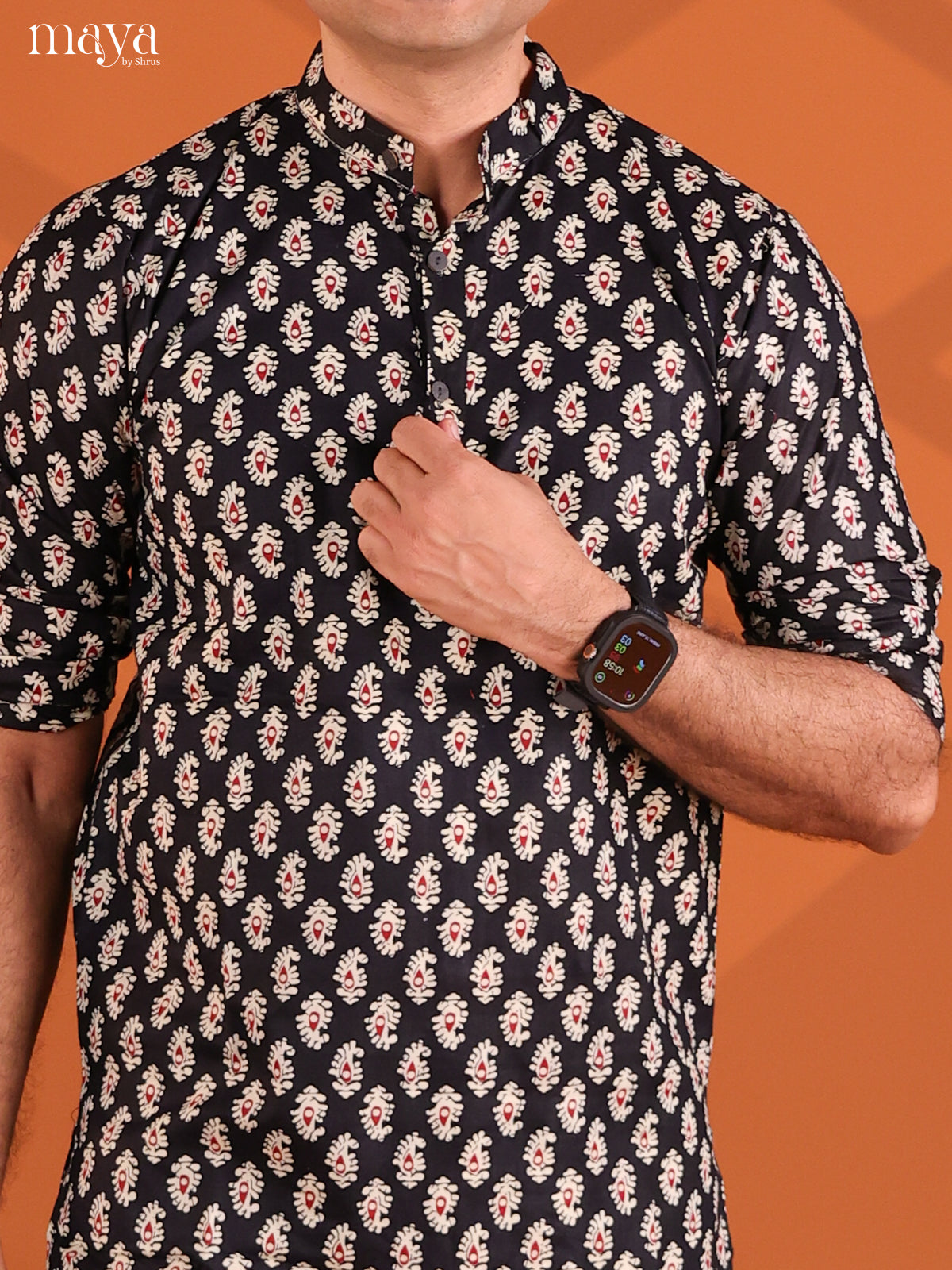 Black Cotton Pasiley Printed Short Men Kurta