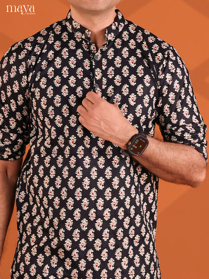 Black Cotton Pasiley Printed Short Men Kurta
