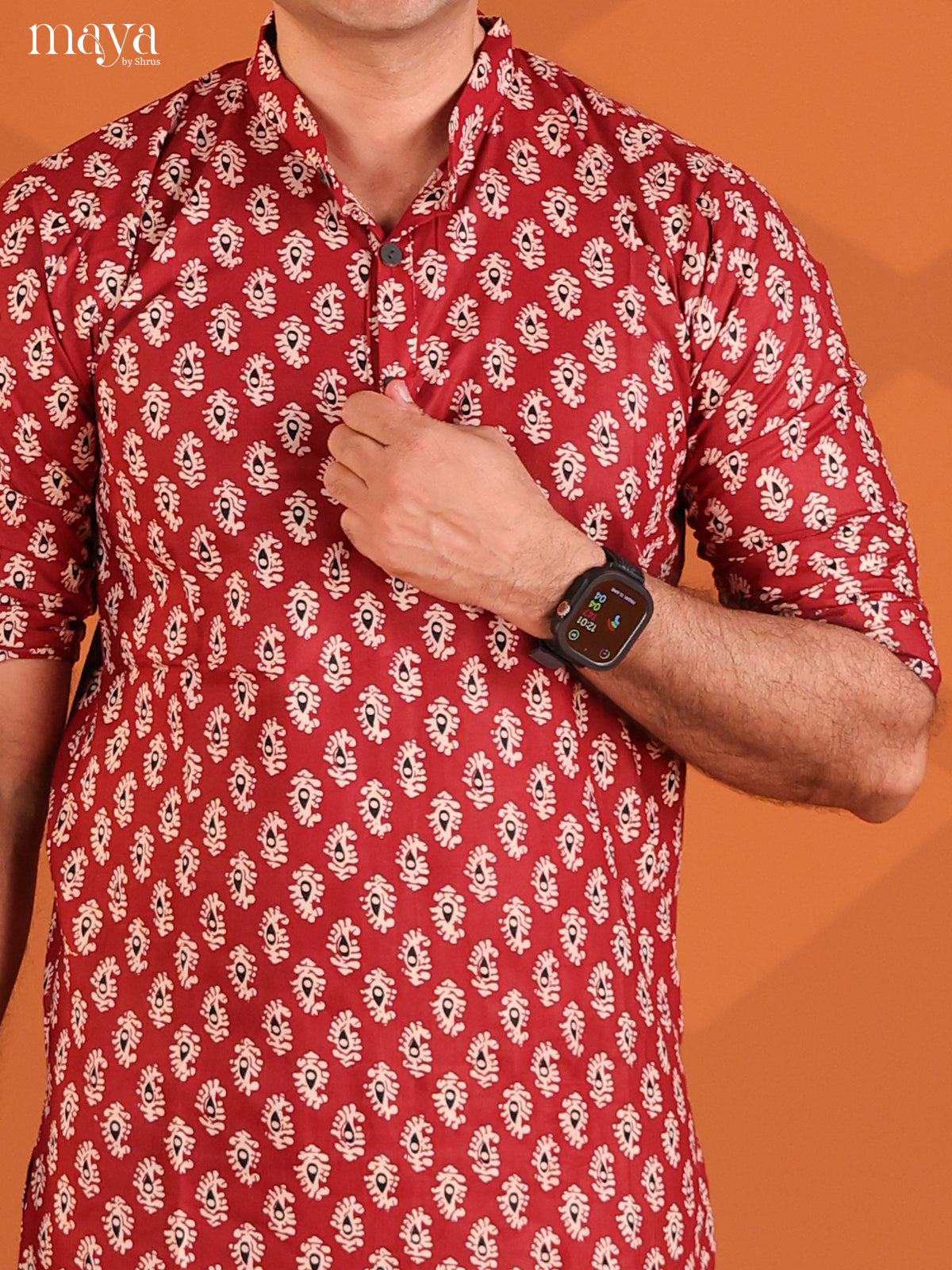 Maroon Cotton Pasiley Printed Short Men Kurta