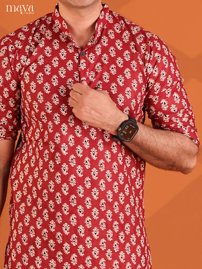 Maroon Cotton Pasiley Printed Short Men Kurta
