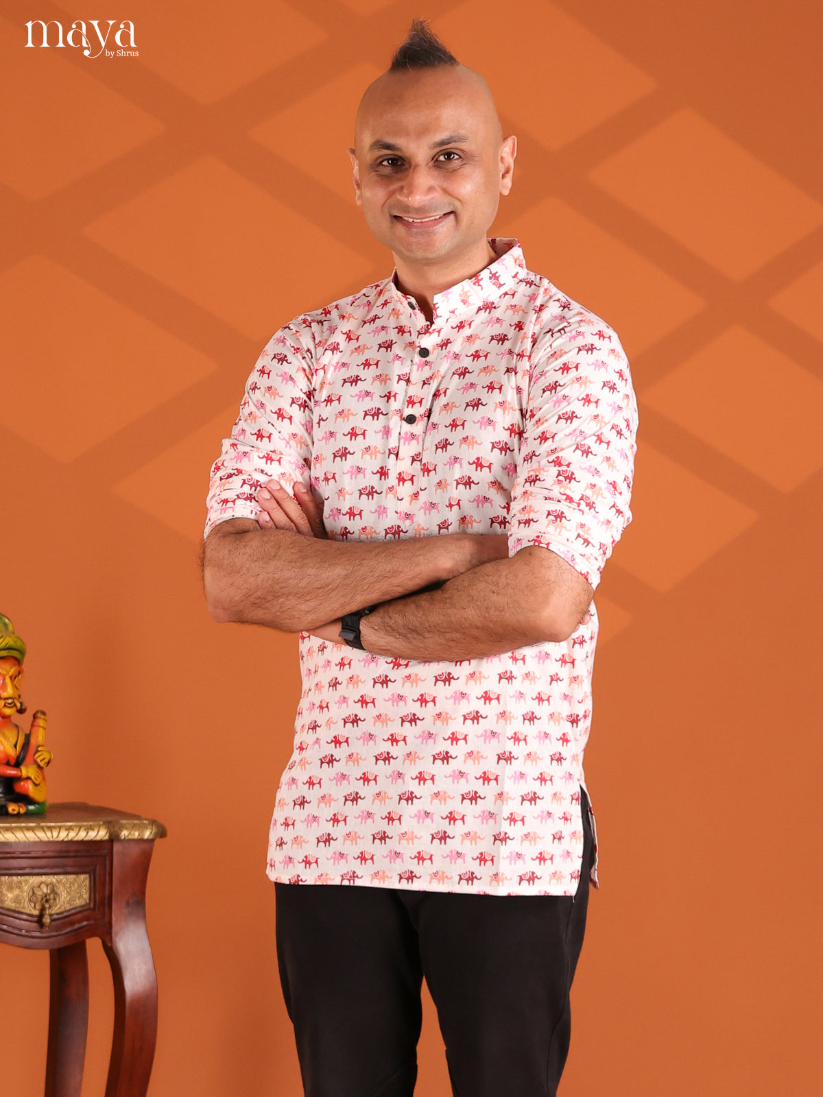 White with Pink Cotton Elephant Printed Short Men Kurta