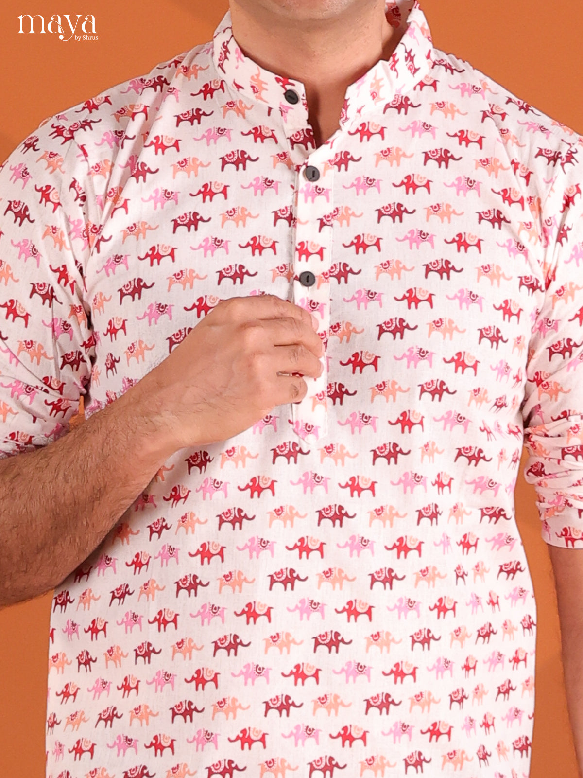 White with Pink Cotton Elephant Printed Short Men Kurta