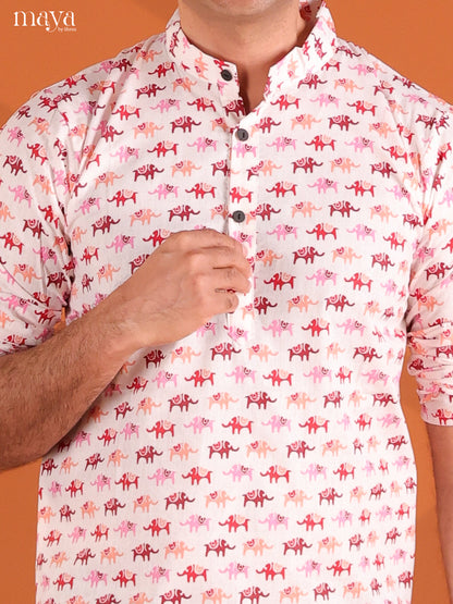 White with Pink Cotton Elephant Printed Short Men Kurta