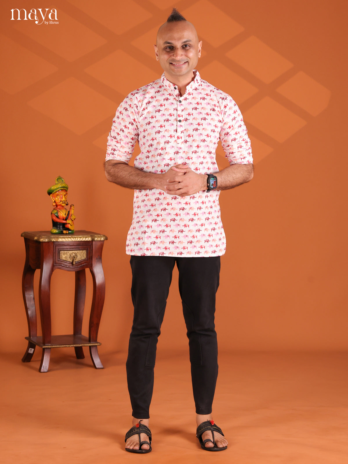 White with Pink Cotton Elephant Printed Short Men Kurta