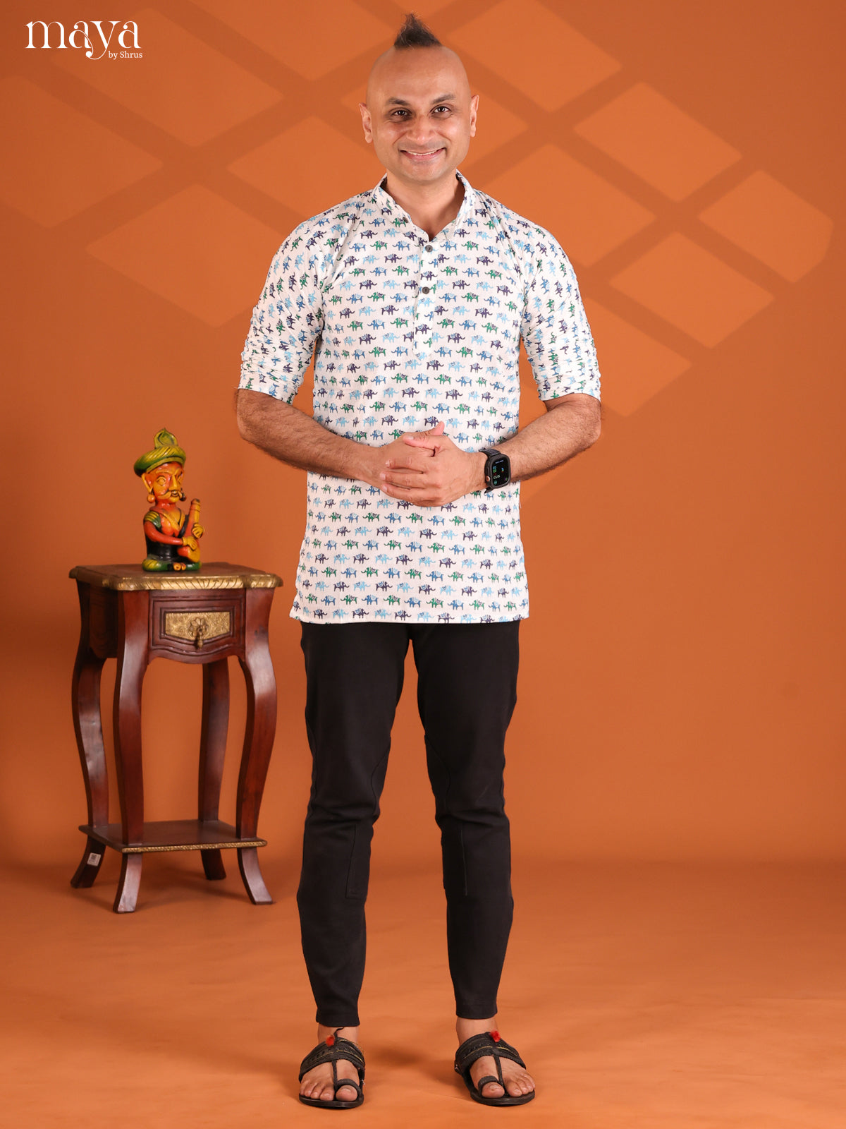 White with Blue Cotton Elephant Printed Short Men Kurta