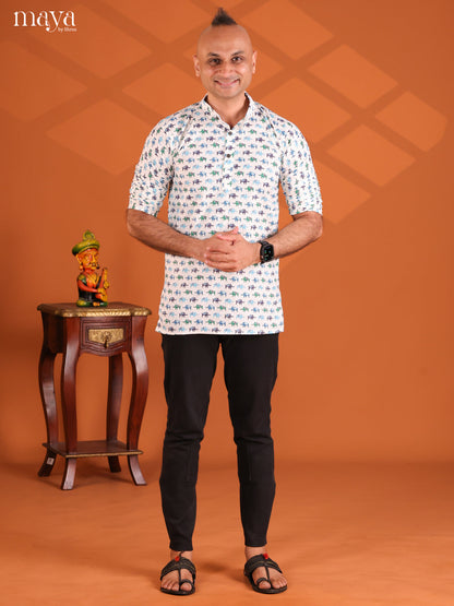 White with Blue Cotton Elephant Printed Short Men Kurta