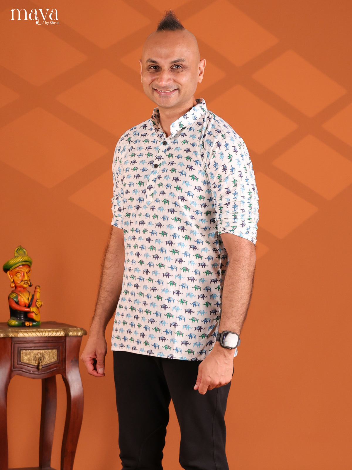 White with Blue Cotton Elephant Printed Short Men Kurta