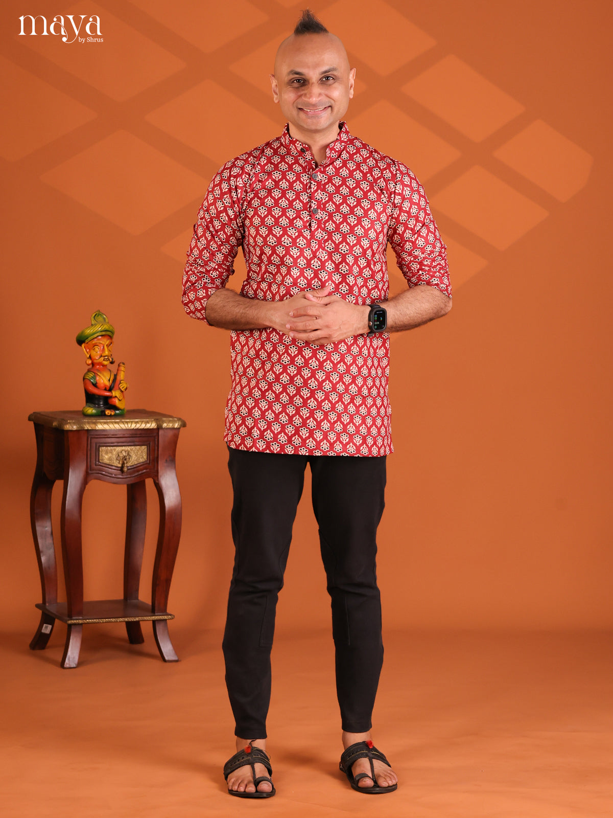 Maroon Cotton Floral Printed Short Men Kurta