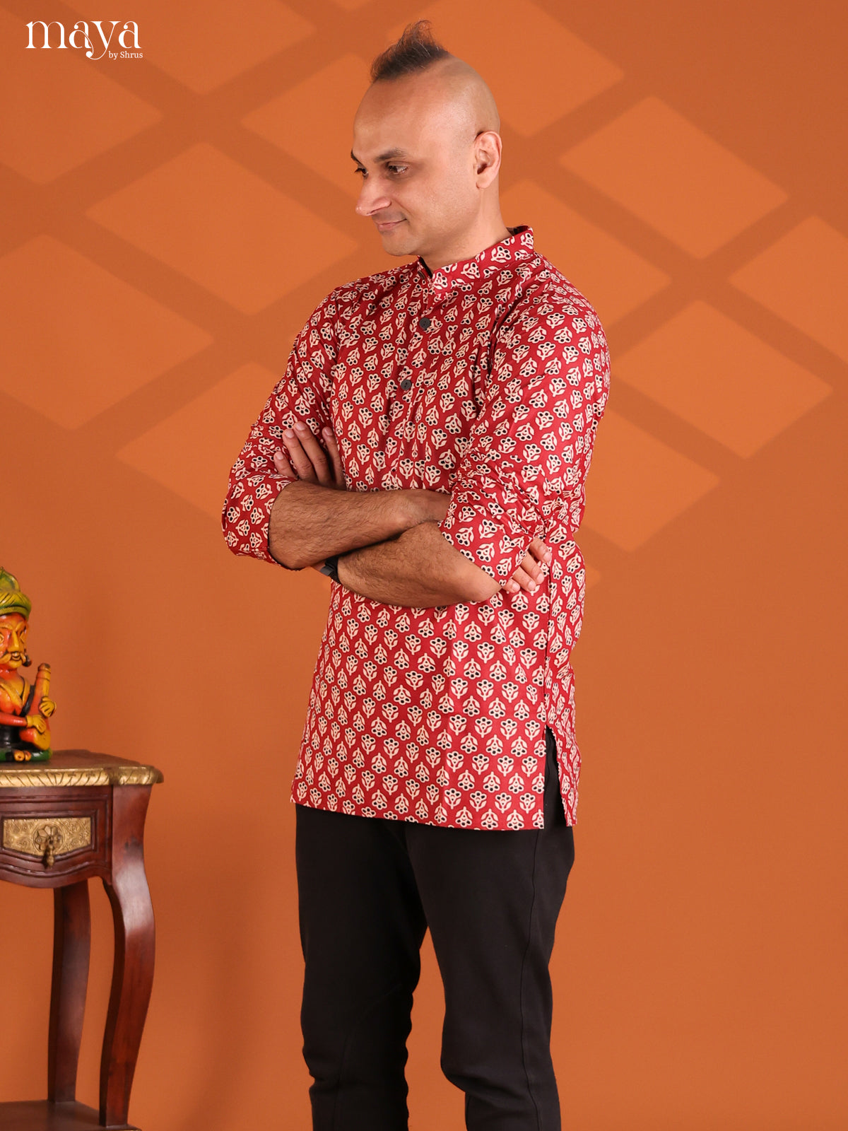 Maroon Cotton Floral Printed Short Men Kurta
