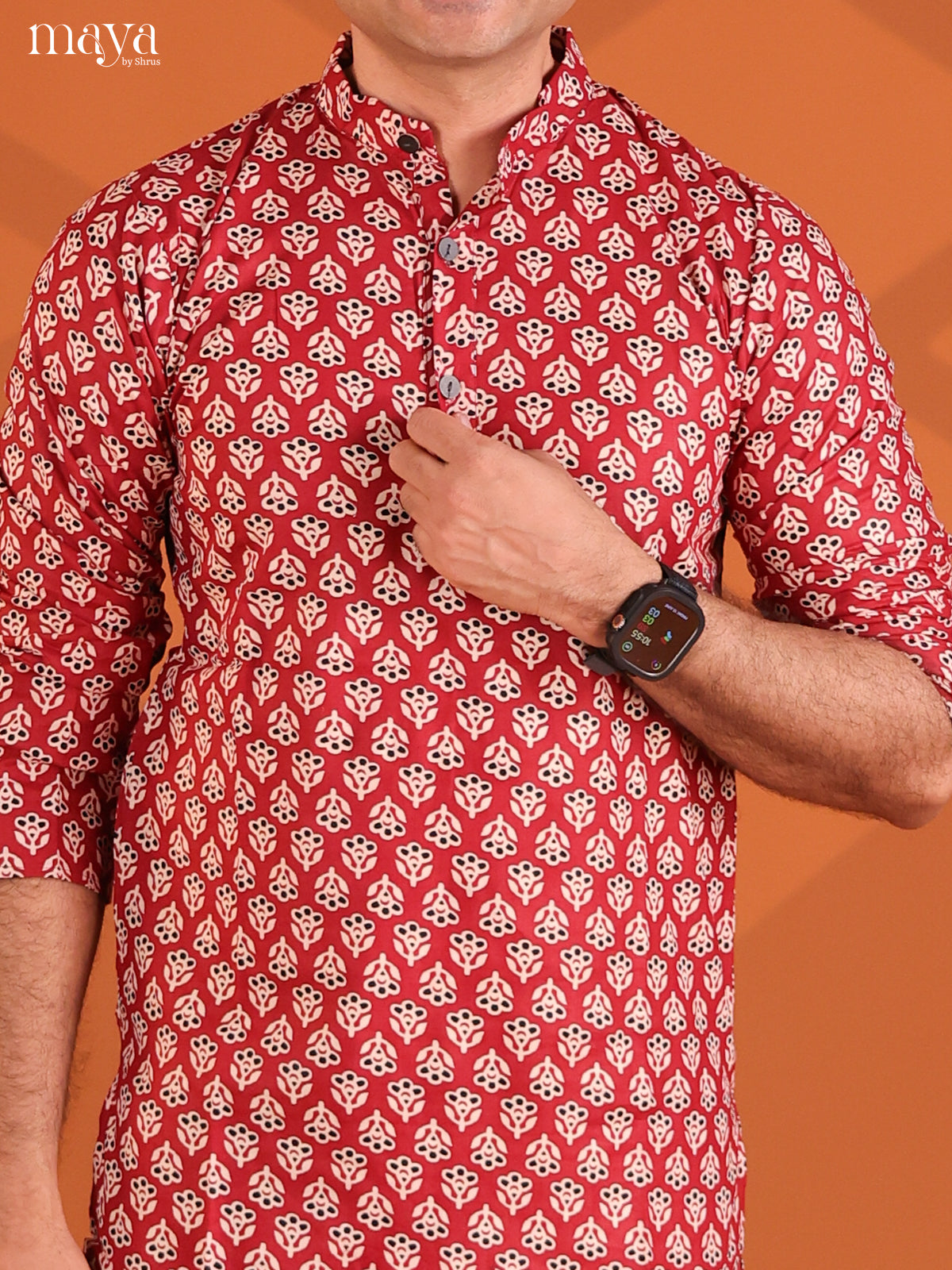 Maroon Cotton Floral Printed Short Men Kurta