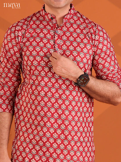 Maroon Cotton Floral Printed Short Men Kurta