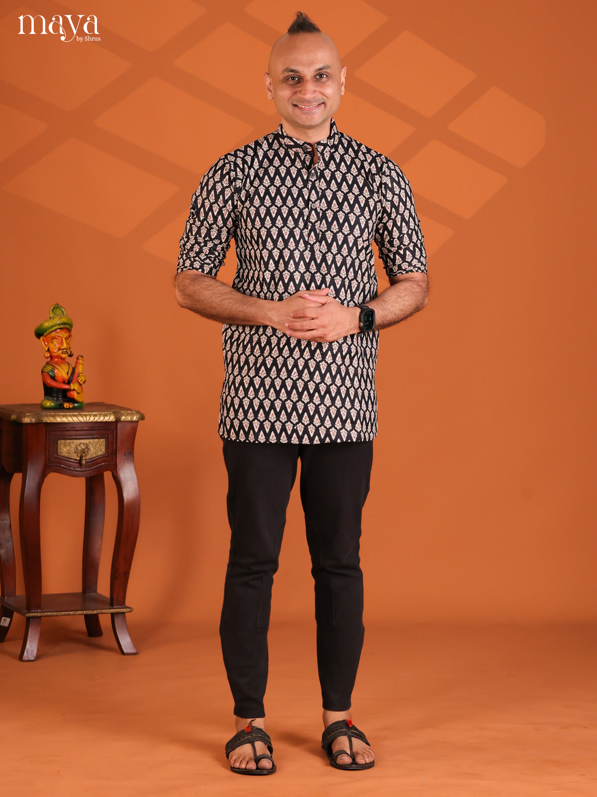 Black Cotton Printeded Short Men Kurta
