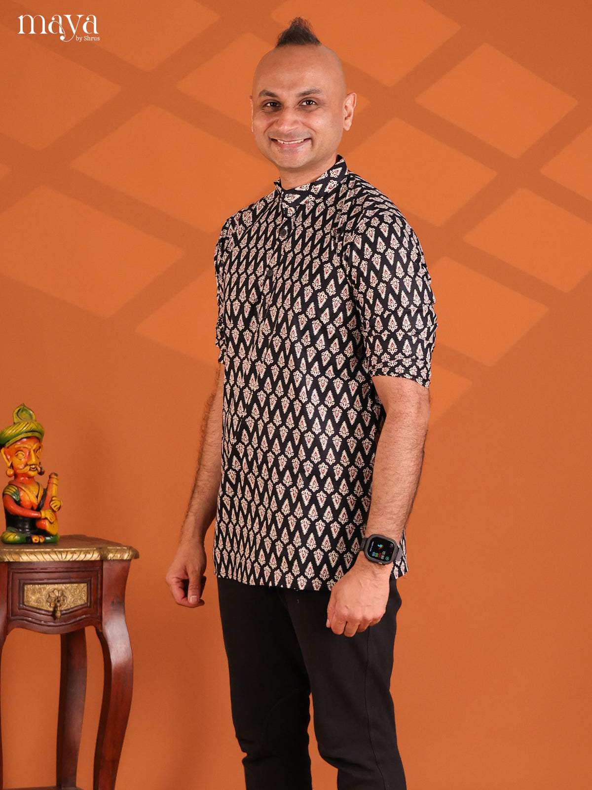Black Cotton Printeded Short Men Kurta