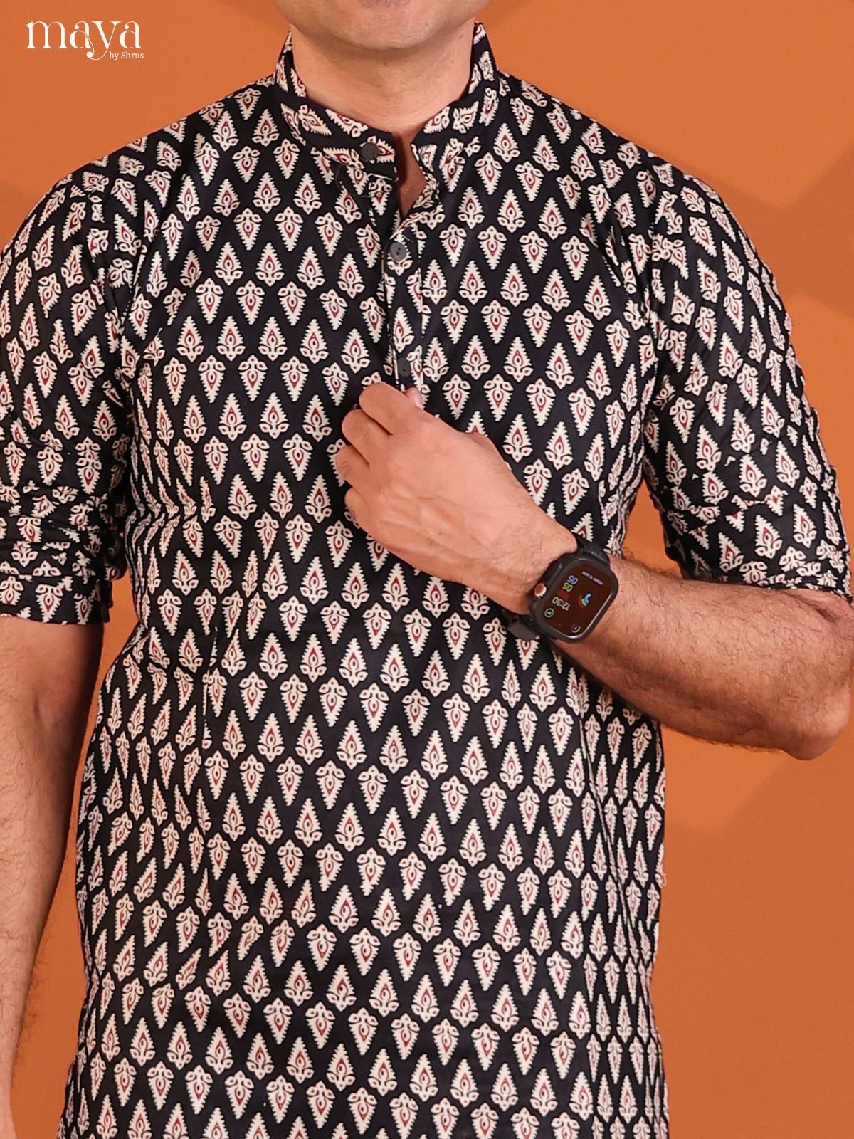 Black Cotton Printeded Short Men Kurta