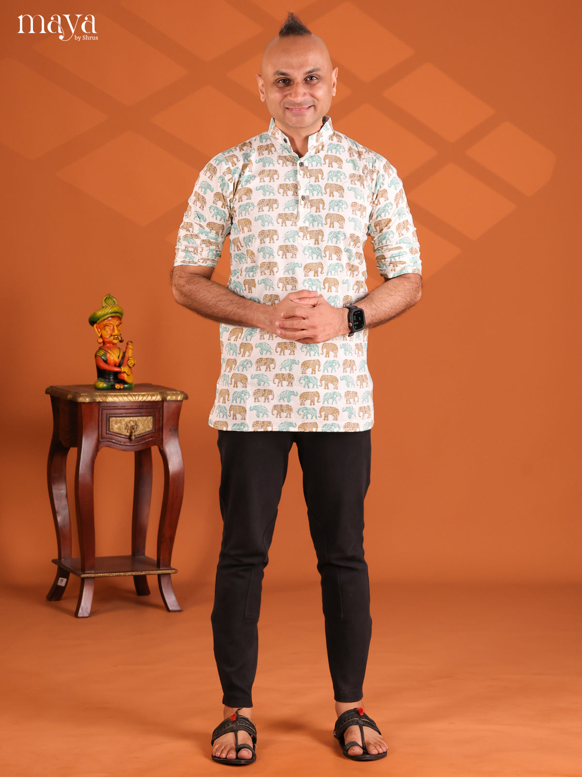 White with teal Green Cotton Elephant Printed Short Men Kurta