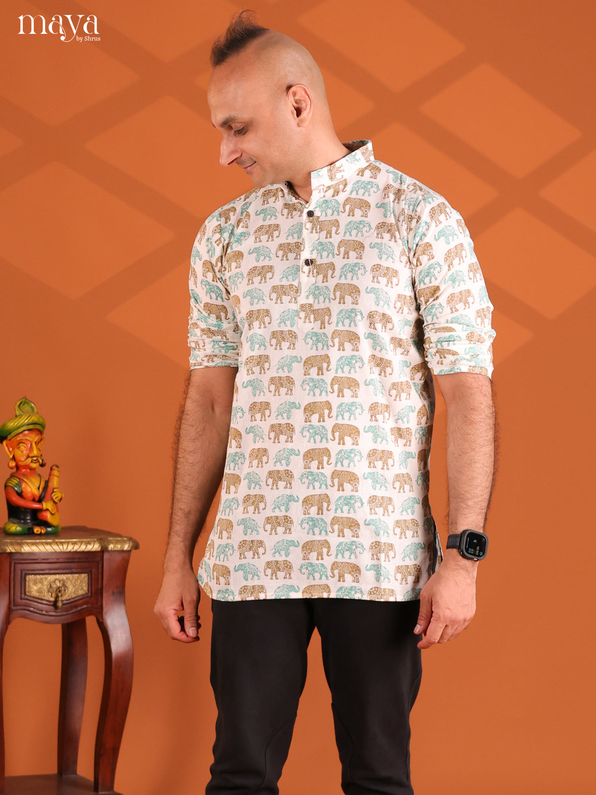 White with teal Green Cotton Elephant Printed Short Men Kurta