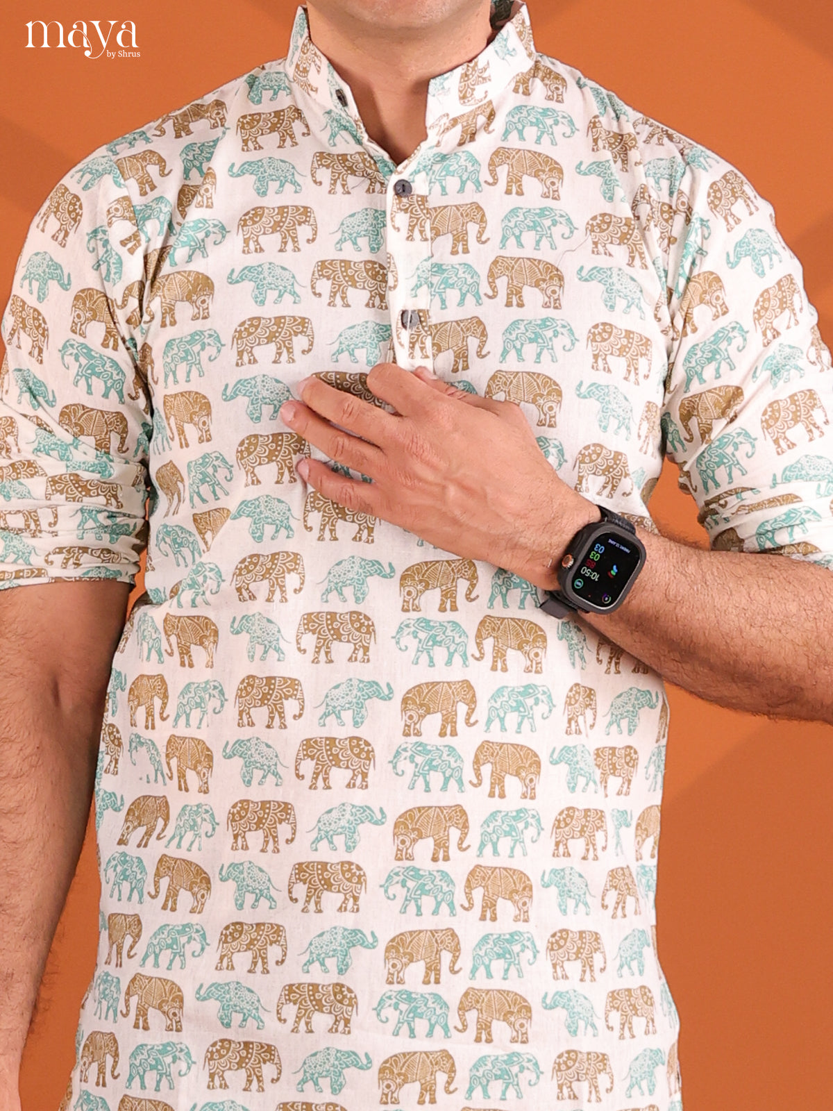 White with teal Green Cotton Elephant Printed Short Men Kurta