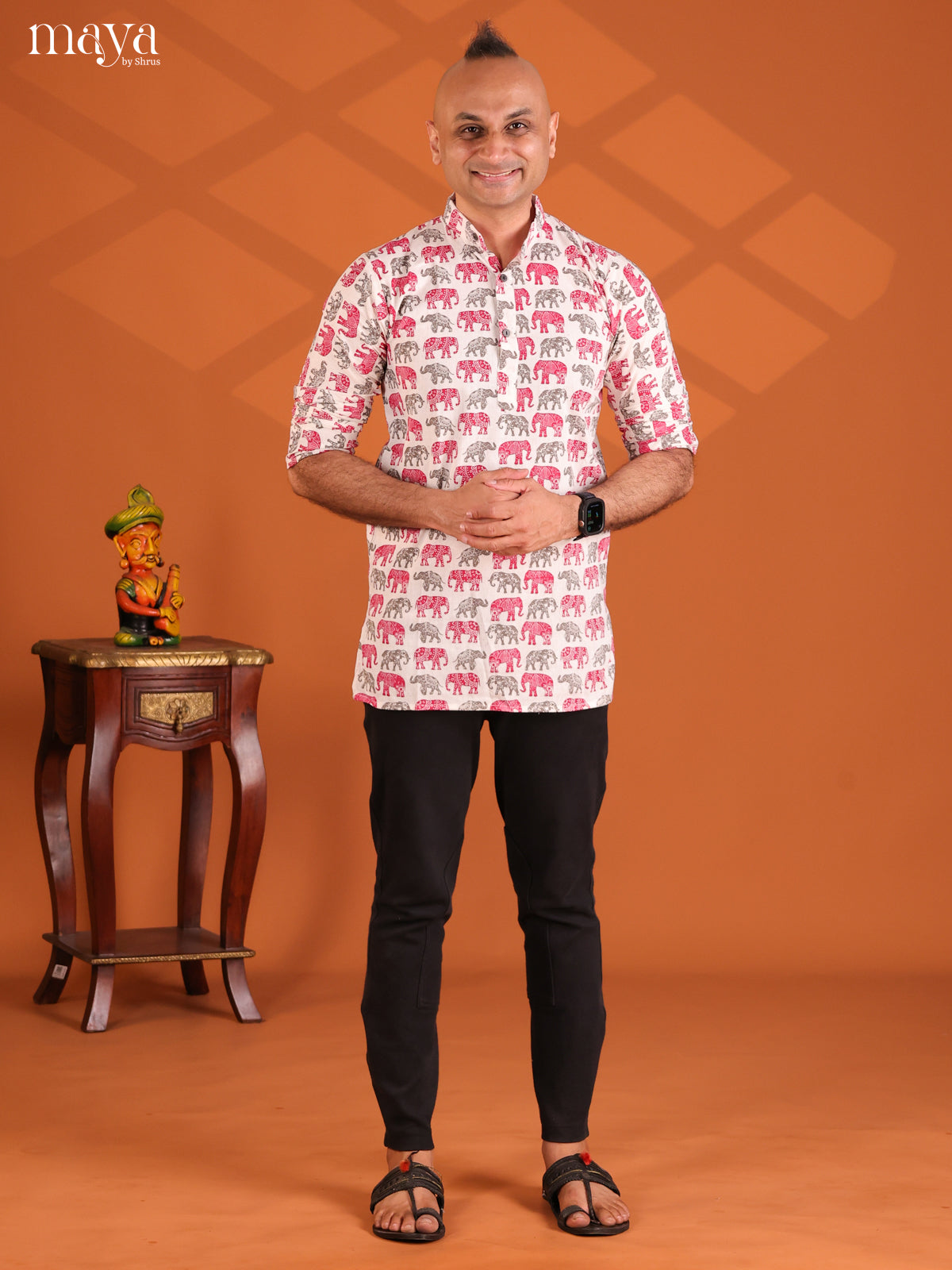 White with Pink Cotton Elephant Printed Short Men Kurta