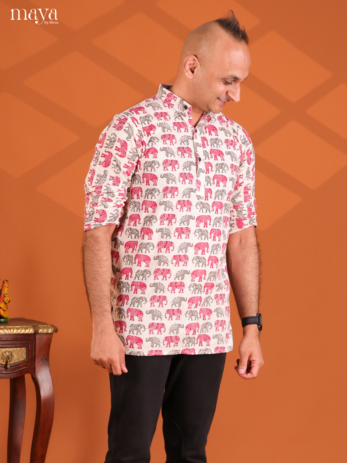 White with Pink Cotton Elephant Printed Short Men Kurta