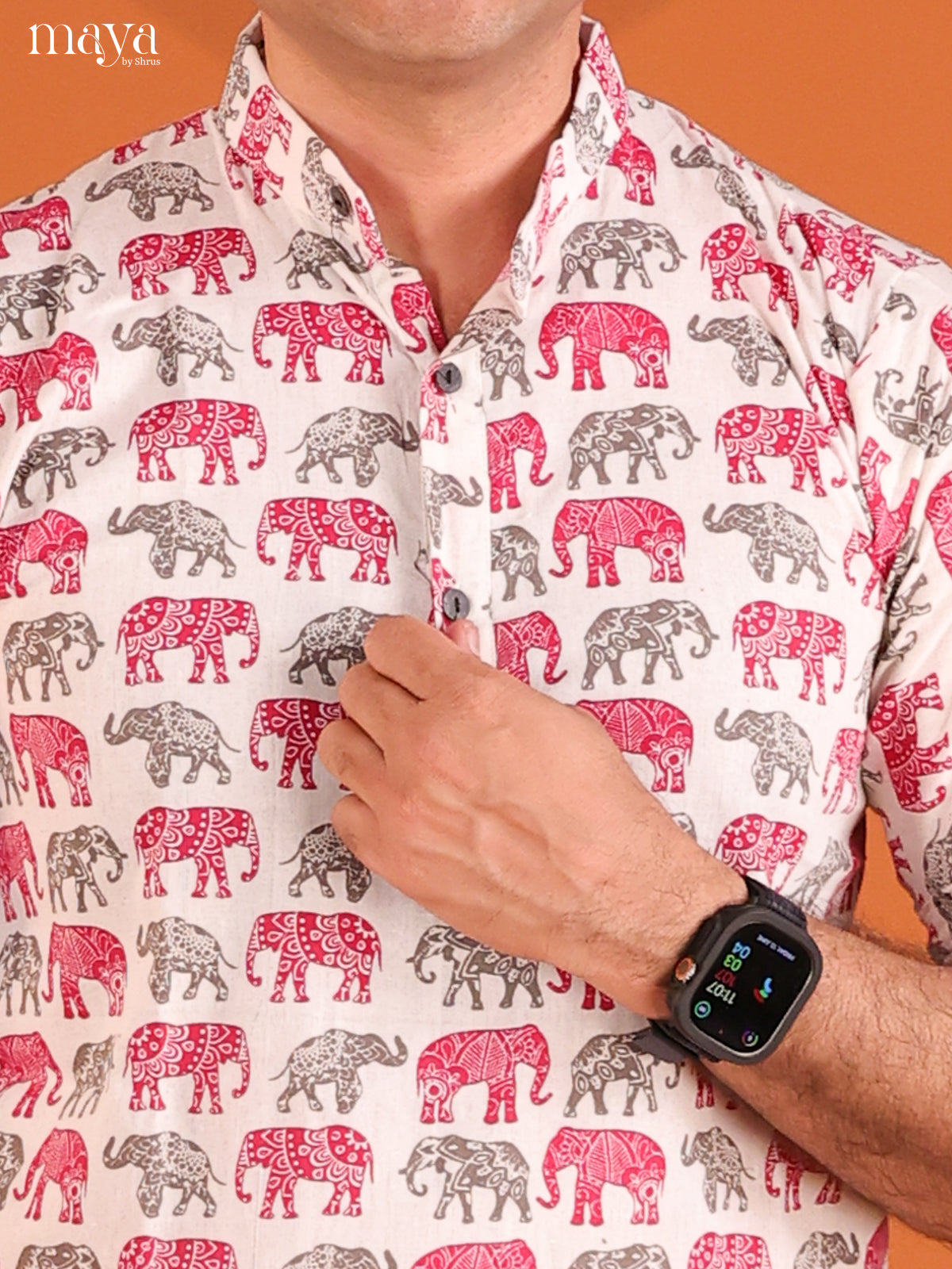 White with Pink Cotton Elephant Printed Short Men Kurta