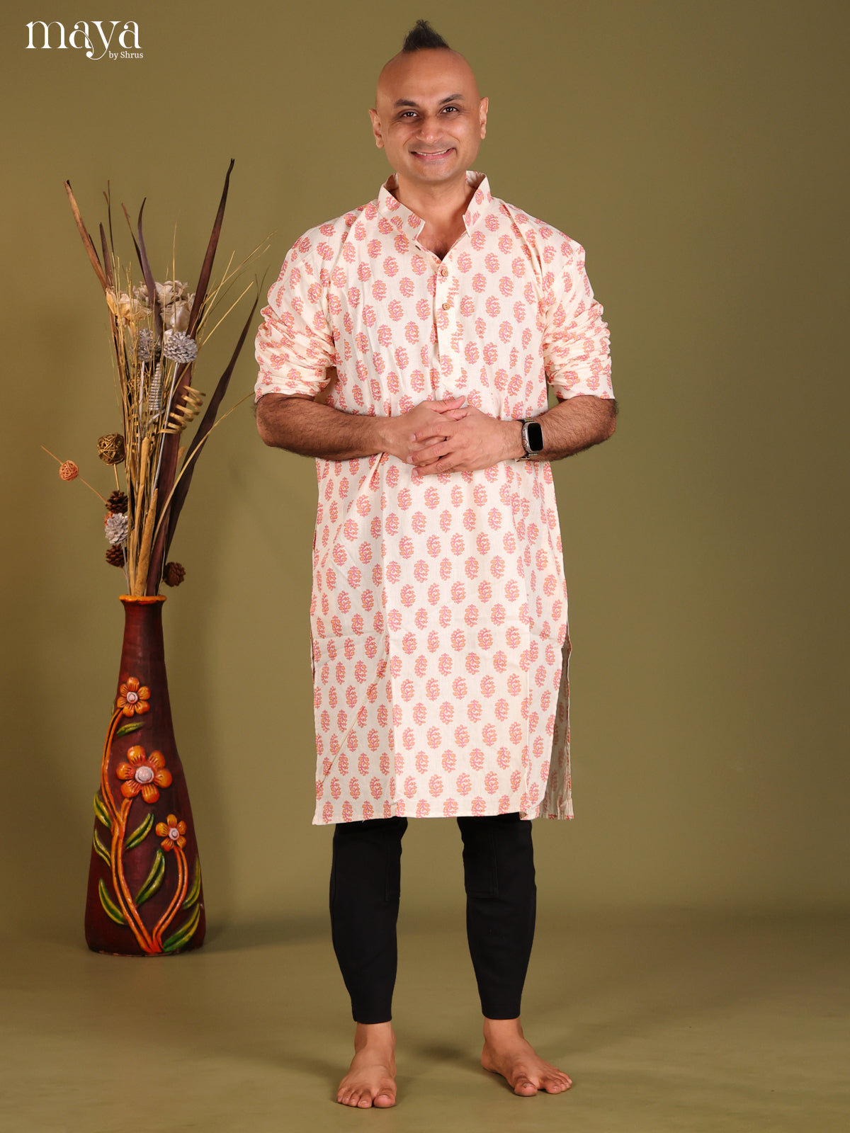 Cream with Orange Cotton Printed Long Men Kurta
