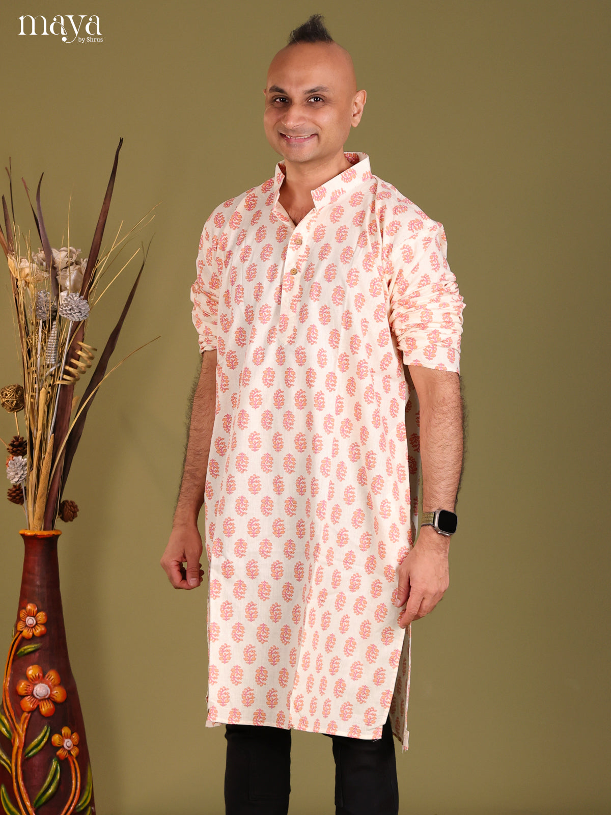 Cream with Orange Cotton Printed Long Men Kurta
